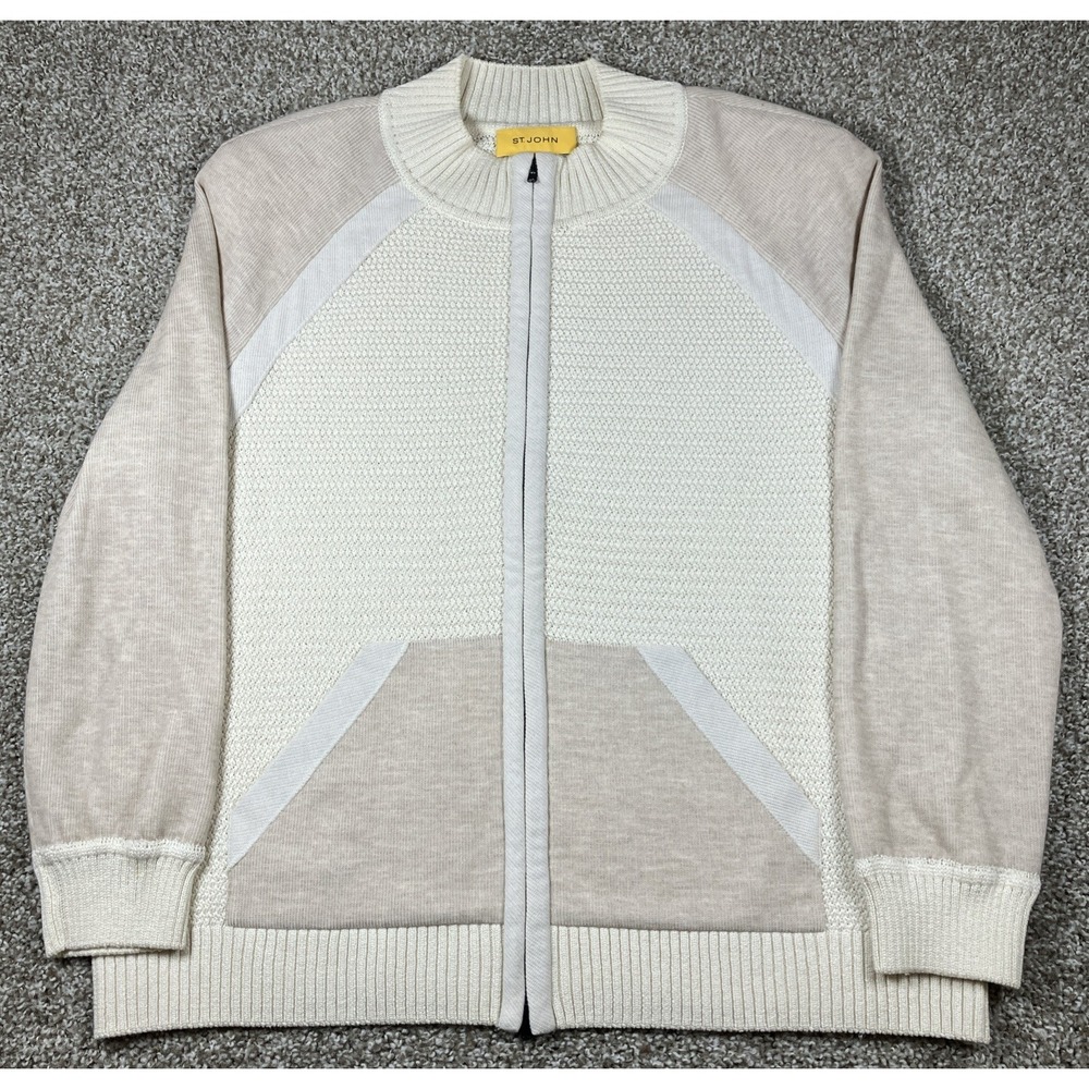 St John Zip Up Knit Sweater Tan Cream Women's Size Large Full Zip Pockets